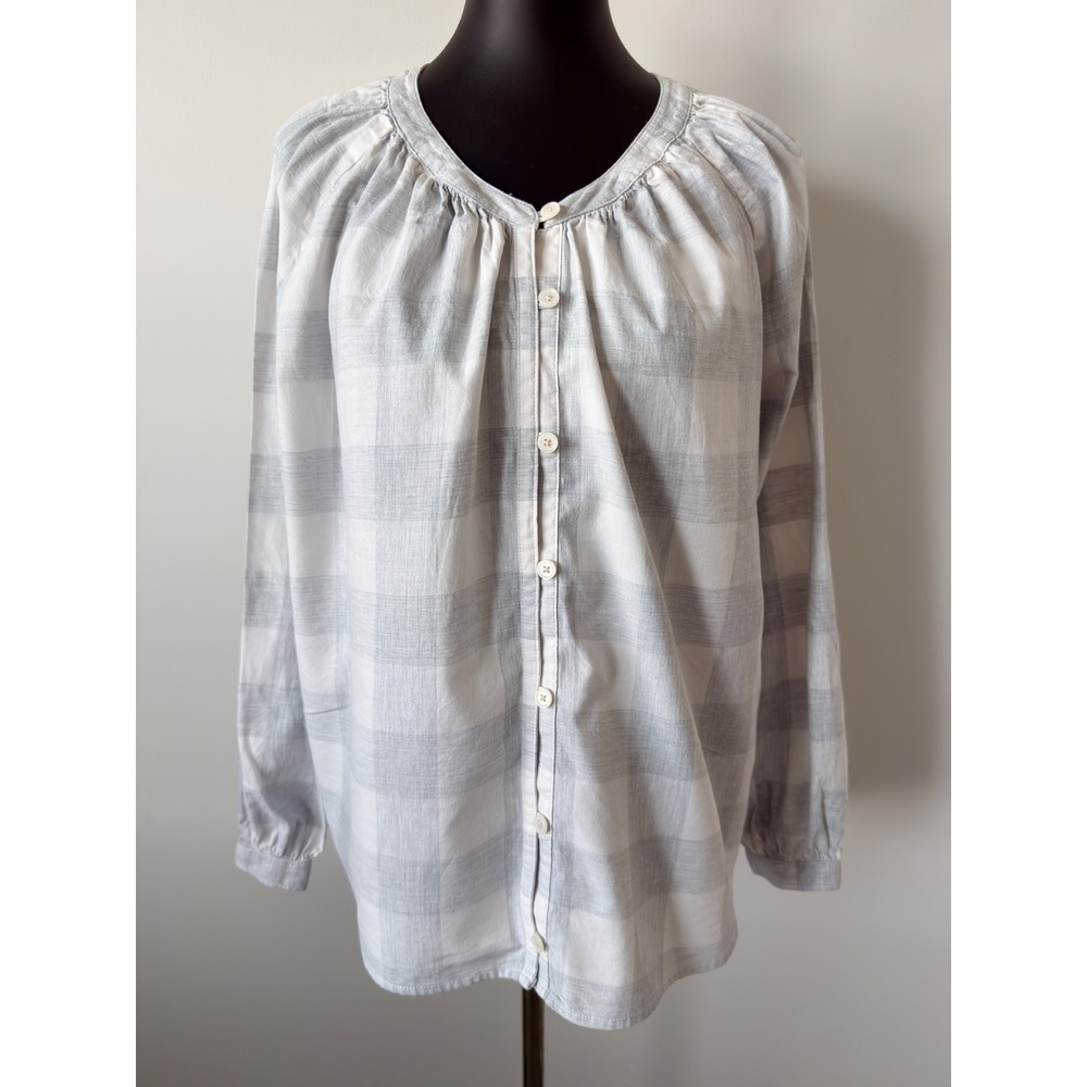 Duluth Trading Co Womens Large Grey White Buffalo Check Plaid Button Down Blouse
